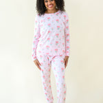 Woman modeling Women's Jogger Pajama Set in Sakura Peony