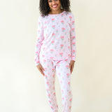 Woman modeling Women's Jogger Pajama Set in Sakura Peony
