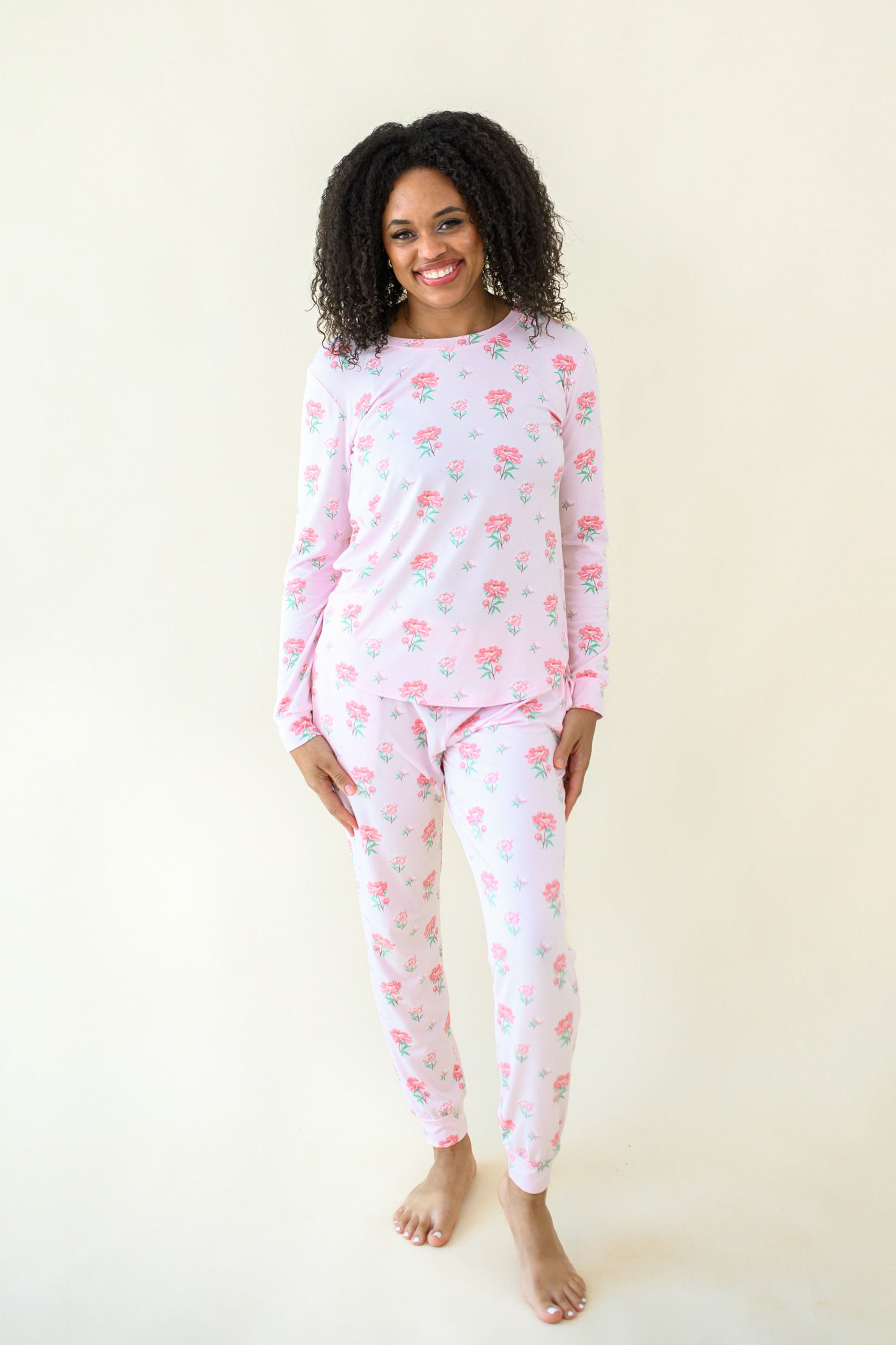 Woman modeling Women's Jogger Pajama Set in Sakura Peony
