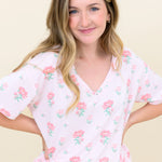 Woman modeling Women's Relaxed Fit V-Neck in Sakura Peony with hands on hips