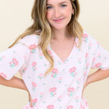 Woman modeling Women's Relaxed Fit V-Neck in Sakura Peony with hands on hips