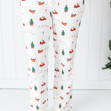 Close up of the Kyte Women's Lounge Pants in Santa Sleigh