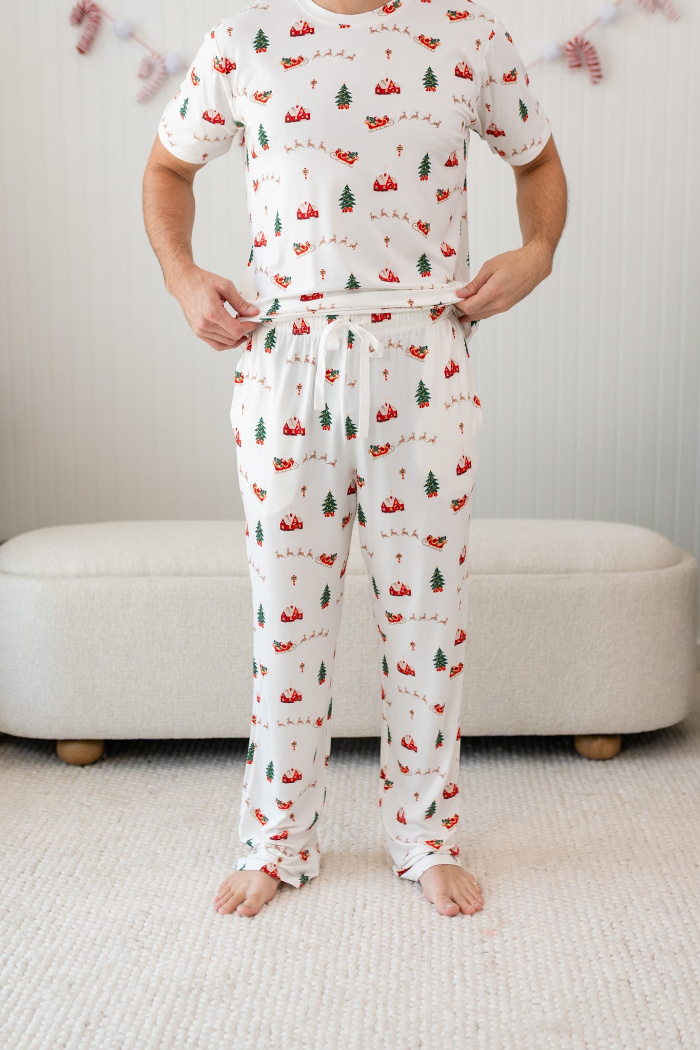 Close up of Men's Lounge Pants in Santa Sleigh