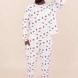 Male model with hand in pocket and one hand on head while wearing the Men's Jogger Set in Santa Sleigh