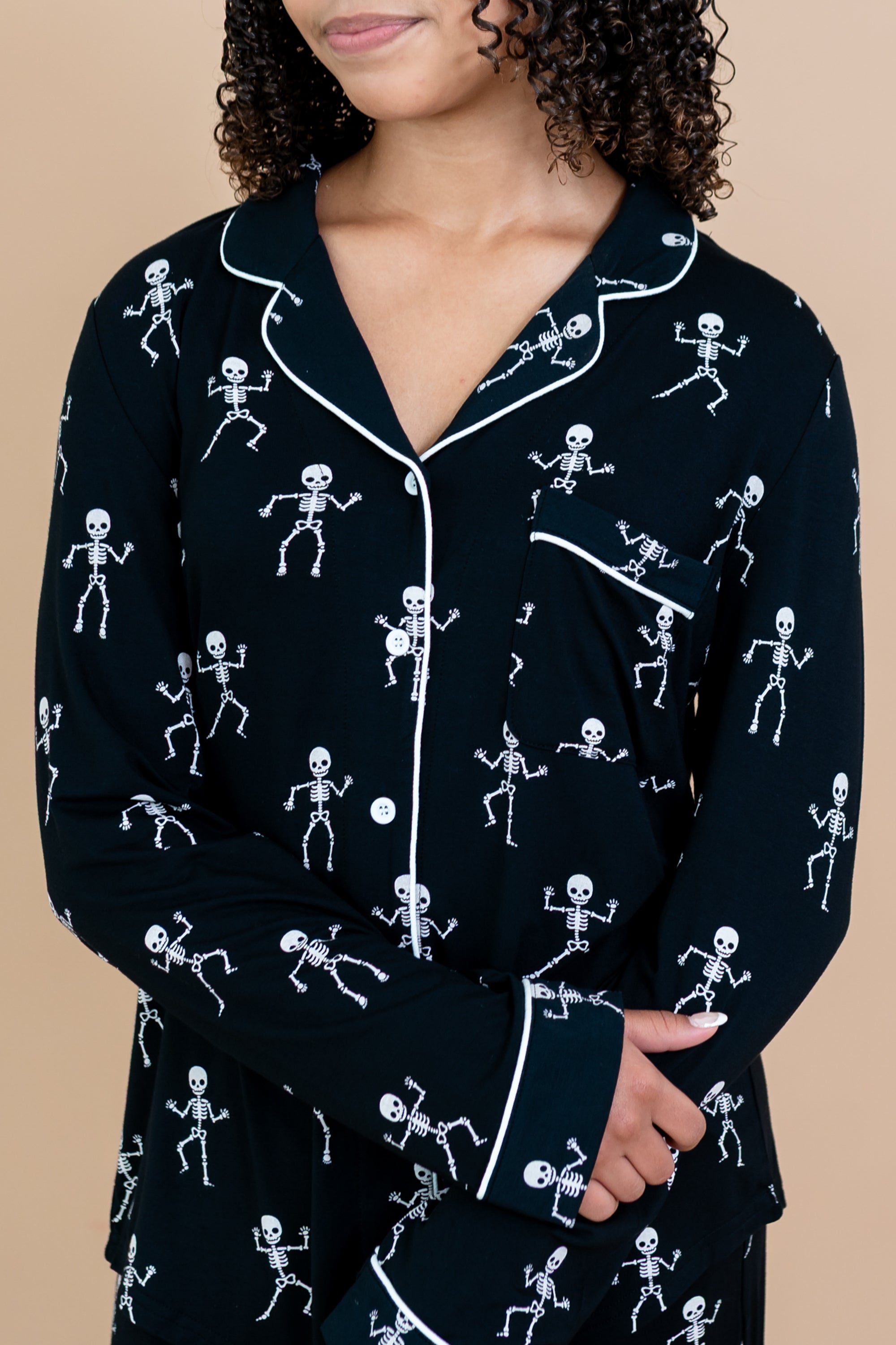 Close up of the top from the Bamboo Long-Sleeved Women's Pajama Set in Skeleton
