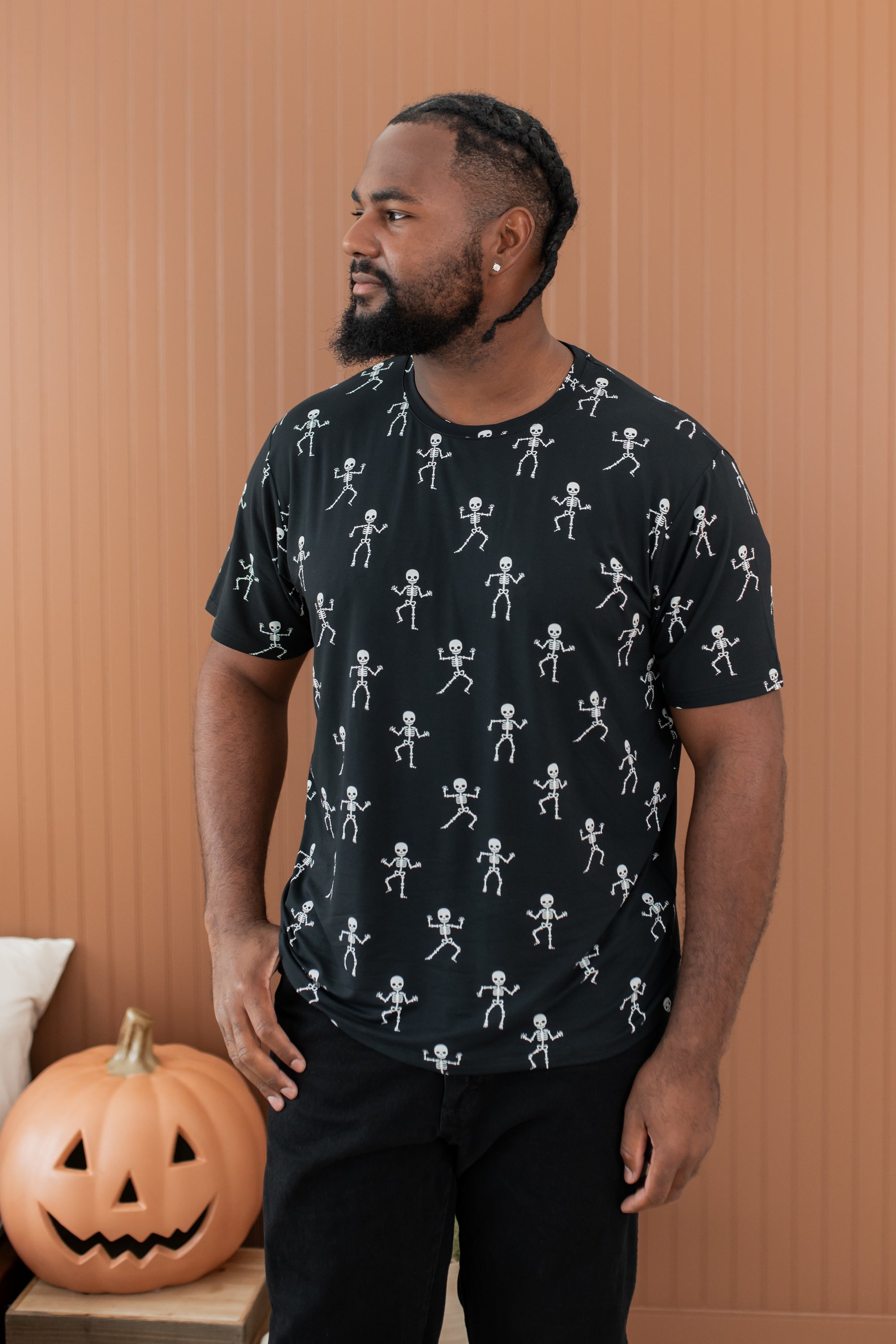 Male modeling the Kyte Men's Crew Neck Tee in Skeleton