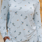 Close up of the shirt of the Women's Jogger Pajama Set in Ski shown on a model