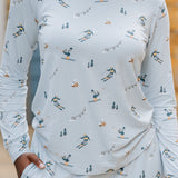 Close up of the shirt of the Women's Jogger Pajama Set in Ski shown on a model
