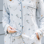 Close up of the Long-Sleeved Women's Pajama Set in Ski shown on a female model