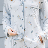 Close up of the Long-Sleeved Women's Pajama Set in Ski shown on a female model