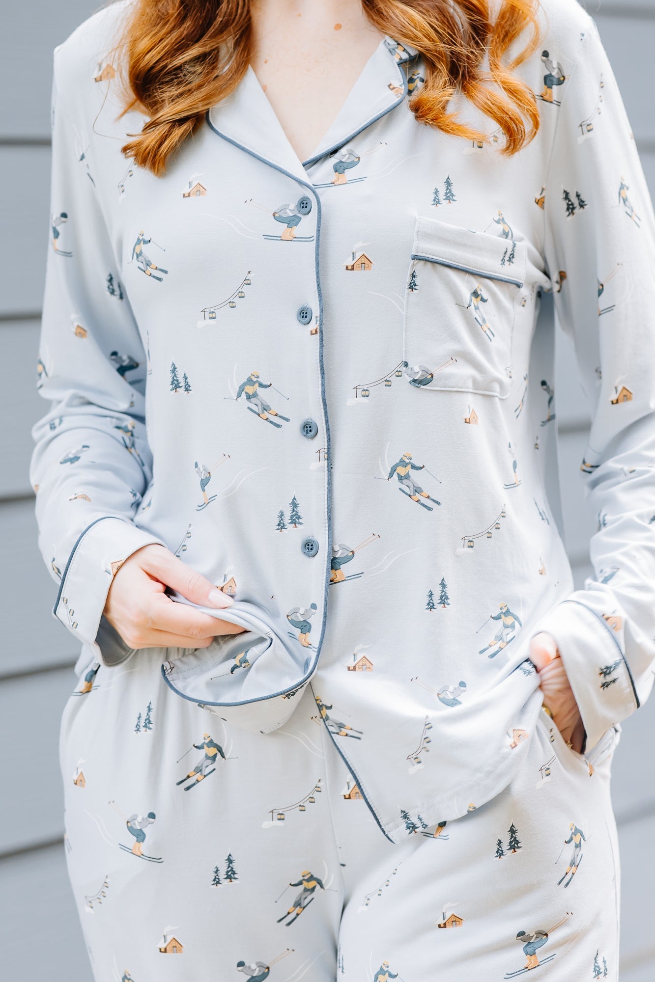Close up of the Long-Sleeved Women's Pajama Set in Ski shown on a female model