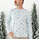 Male modeling the Men's Long Sleeve Henley Top in Ski 