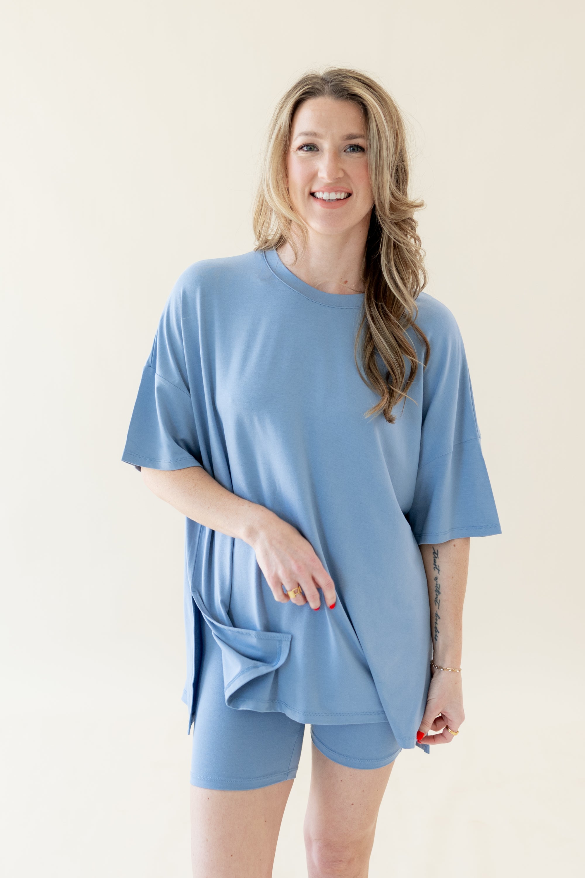 Woman modeling Women’s Biker Short Set in Slate
