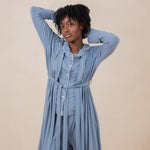 Women modeling the  Kyte Women's Robe in Slate and matching Long Sleeve Pajama Set