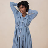 Women modeling the  Kyte Women's Robe in Slate and matching Long Sleeve Pajama Set