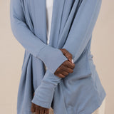 Close up of the rib knit cuffs with the thumbholes on the Women's French Terry Wrap Top in Slate