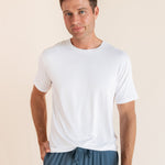 Man modeling Men's Crew Neck Tee in Snow with atlantic lounge pants on.