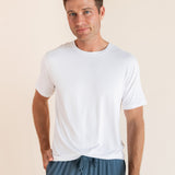 Man modeling Men's Crew Neck Tee in Snow with atlantic lounge pants on.