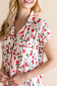 Close up of the top from the Women's Short Sleeve Pajama Set in Strawberry Fields

---PJ 2
