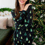 Close up of the Women's Jogger Pajama Set in Twinkle Tree with model with her hands around her torso