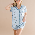 Woman modeling the Bamboo Women's Short Sleeve Pajama Set in Take Off ::: Model is 5'7" wearing size S ///