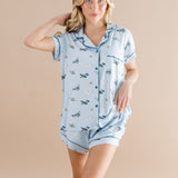 Woman modeling the Bamboo Women's Short Sleeve Pajama Set in Take Off ::: Model is 5'7" wearing size S ///