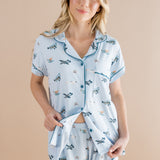 Model show casing the waist line on the bottoms and the Bamboo Women's Short Sleeve Pajama Set in Take Off ::: Model is 5'7" wearing size S ///