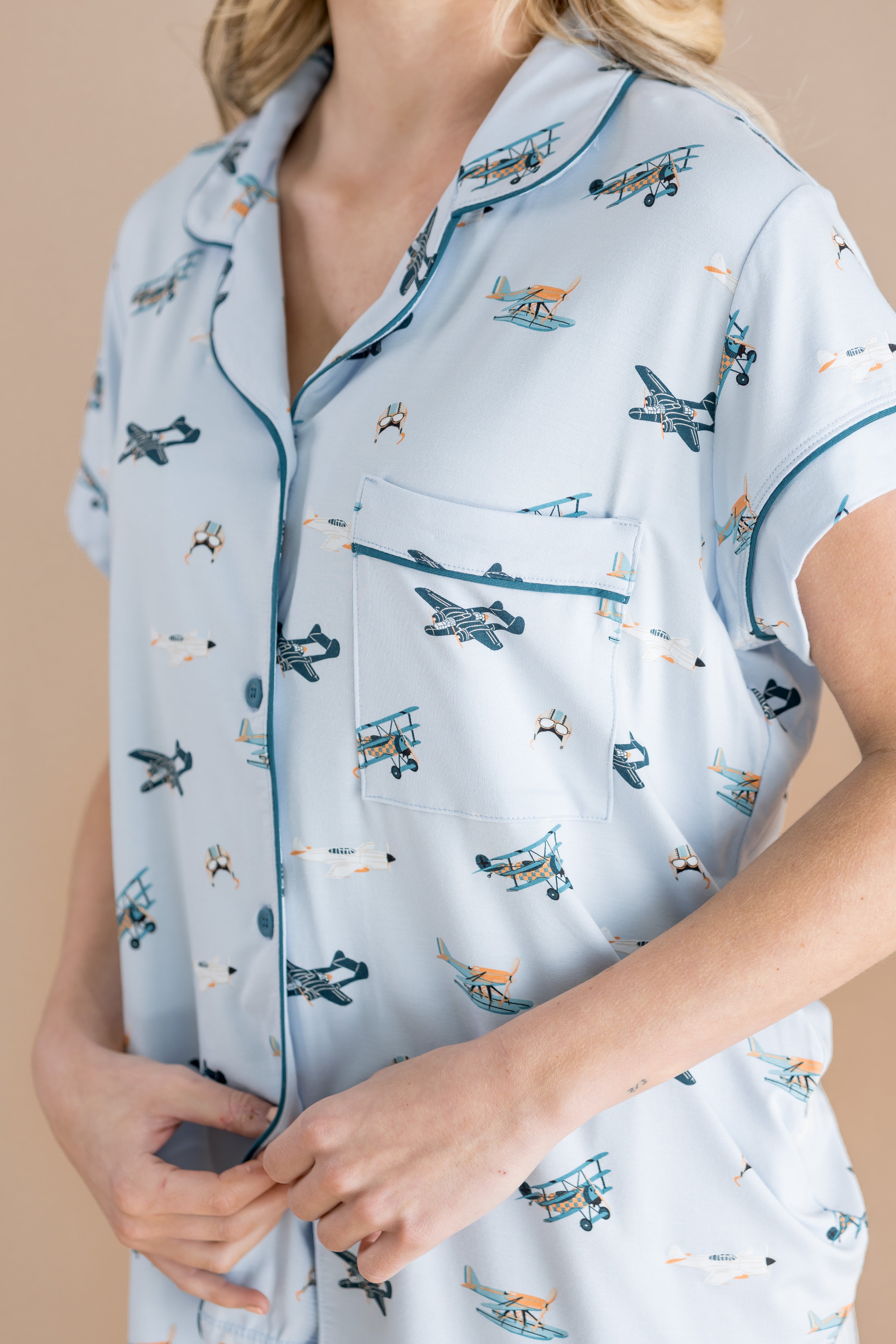 Close up of the top from the Bamboo Women's Short Sleeve Pajama Set in Take Off