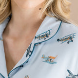 Close up of the collar on the top of the Bamboo Women's Short Sleeve Pajama Set in Take Off