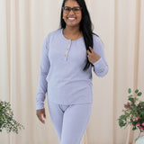 Model wearing the Women's Ribbed Henley Top in Taro