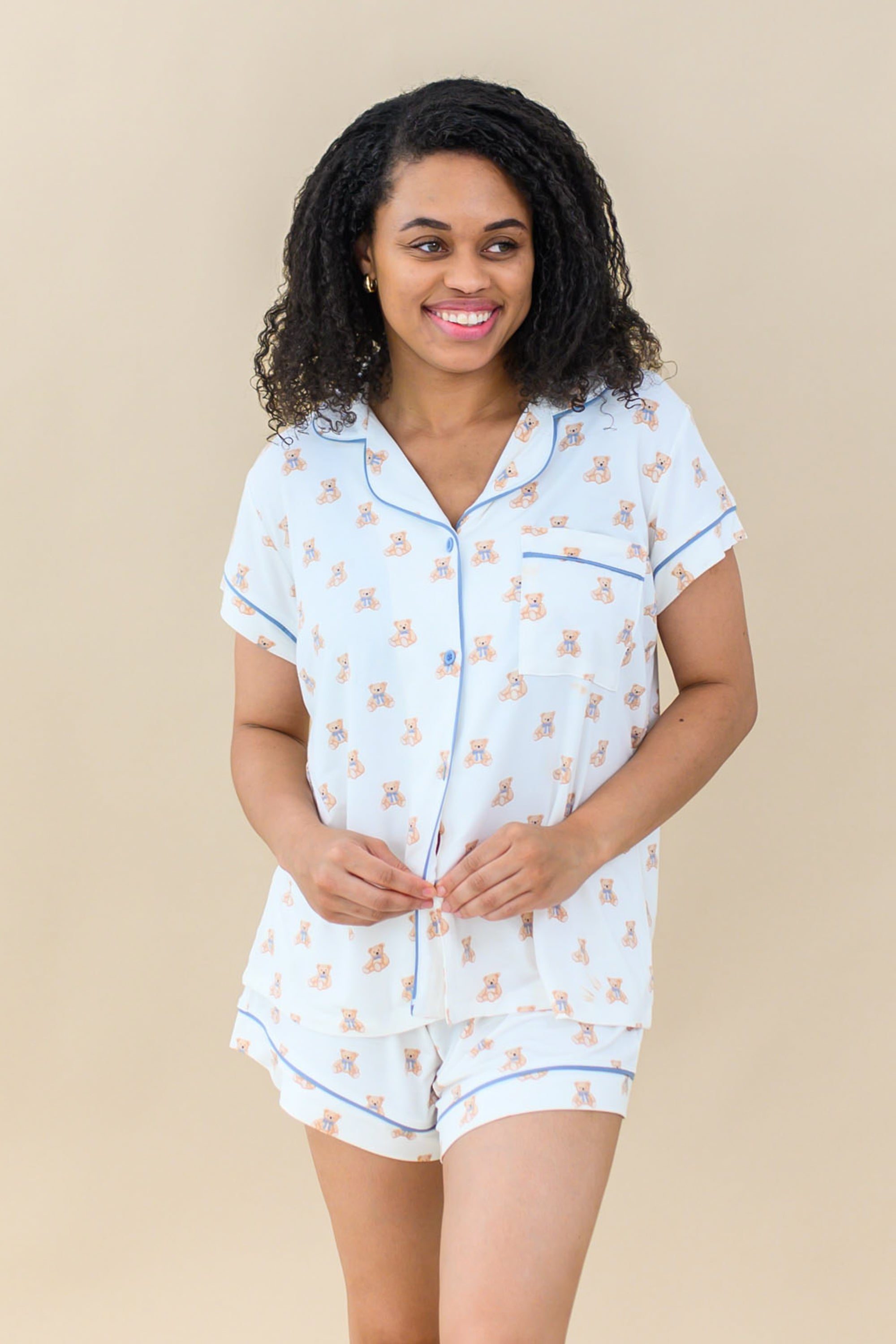 Woman modeling Women’s Short Sleeve Pajama Set in Teddy Bear