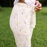 Close up of the Women's Lounge Pants in Tennis while model is facing the side