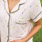 Close up of the top from the Women's Short Sleeve Pajama Set in Tennis while on a model ---PJ 2