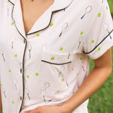 Close up of the top from the Women's Short Sleeve Pajama Set in Tennis while on a model ---PJ 2