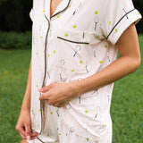 Close up of the Women's Short Sleeve Pajama Set in Tennis on a model