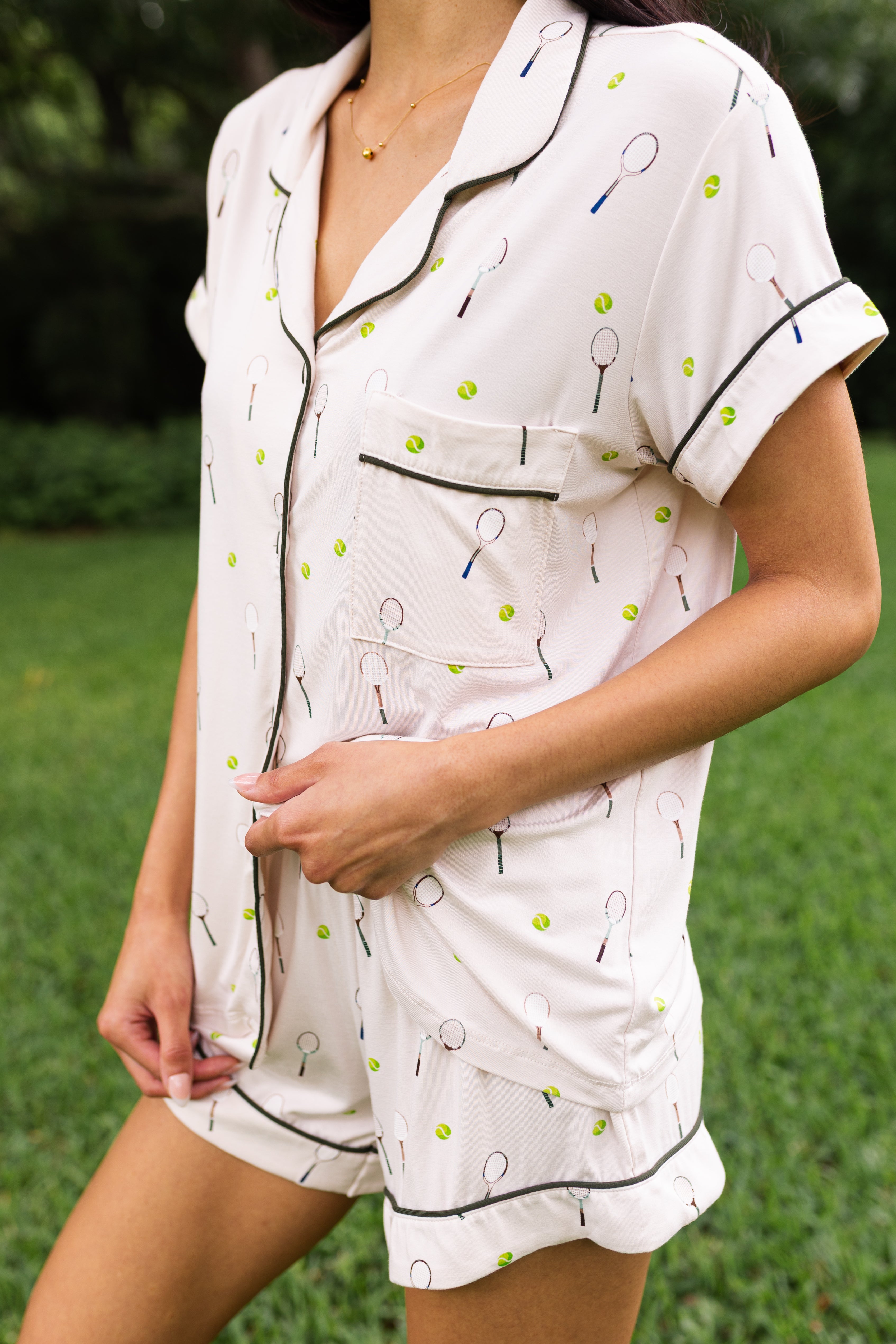 Close up of the Women's Short Sleeve Pajama Set in Tennis on a model

---1615 3