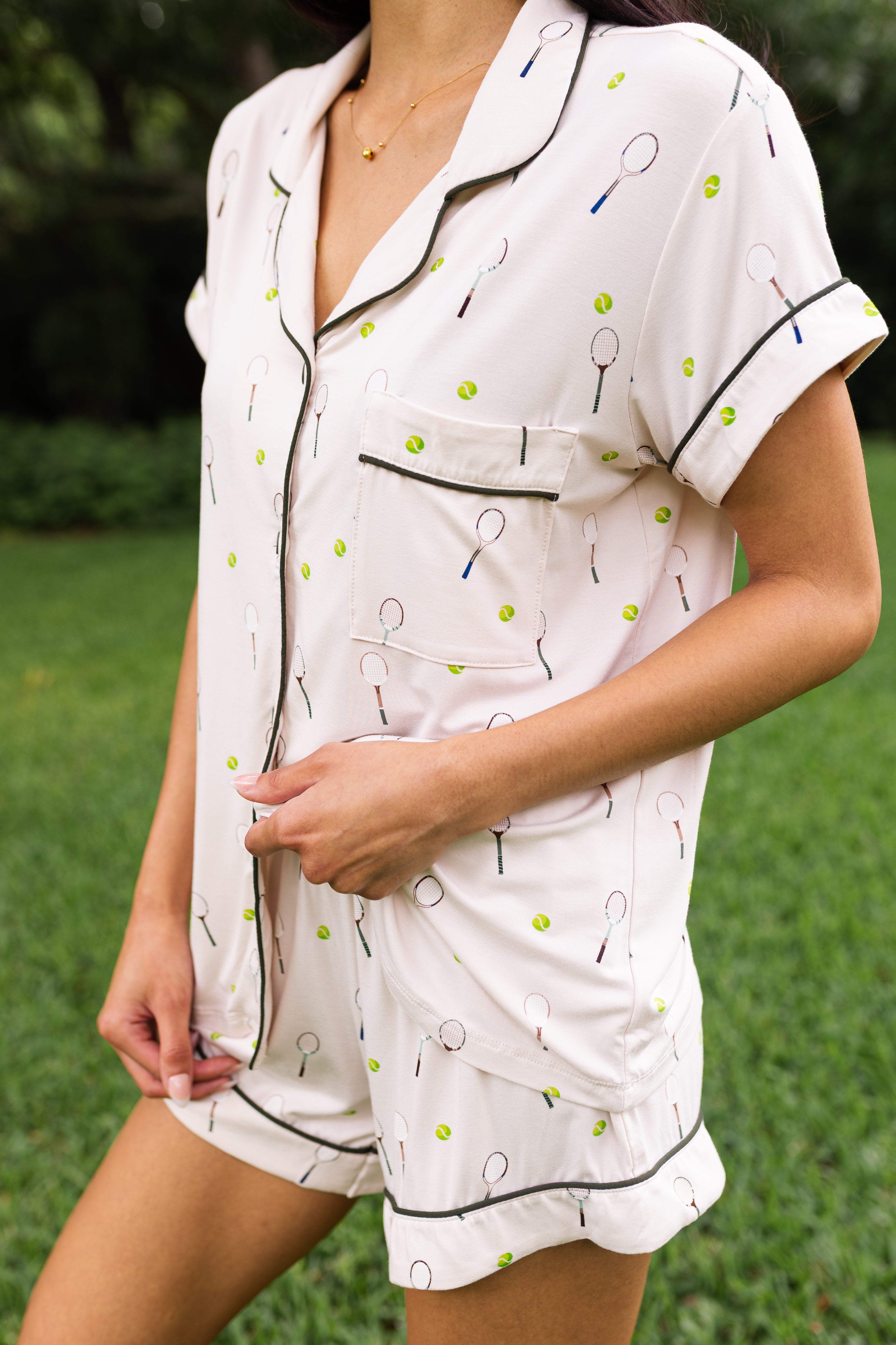 Close up of the Women's Short Sleeve Pajama Set in Tennis on a model