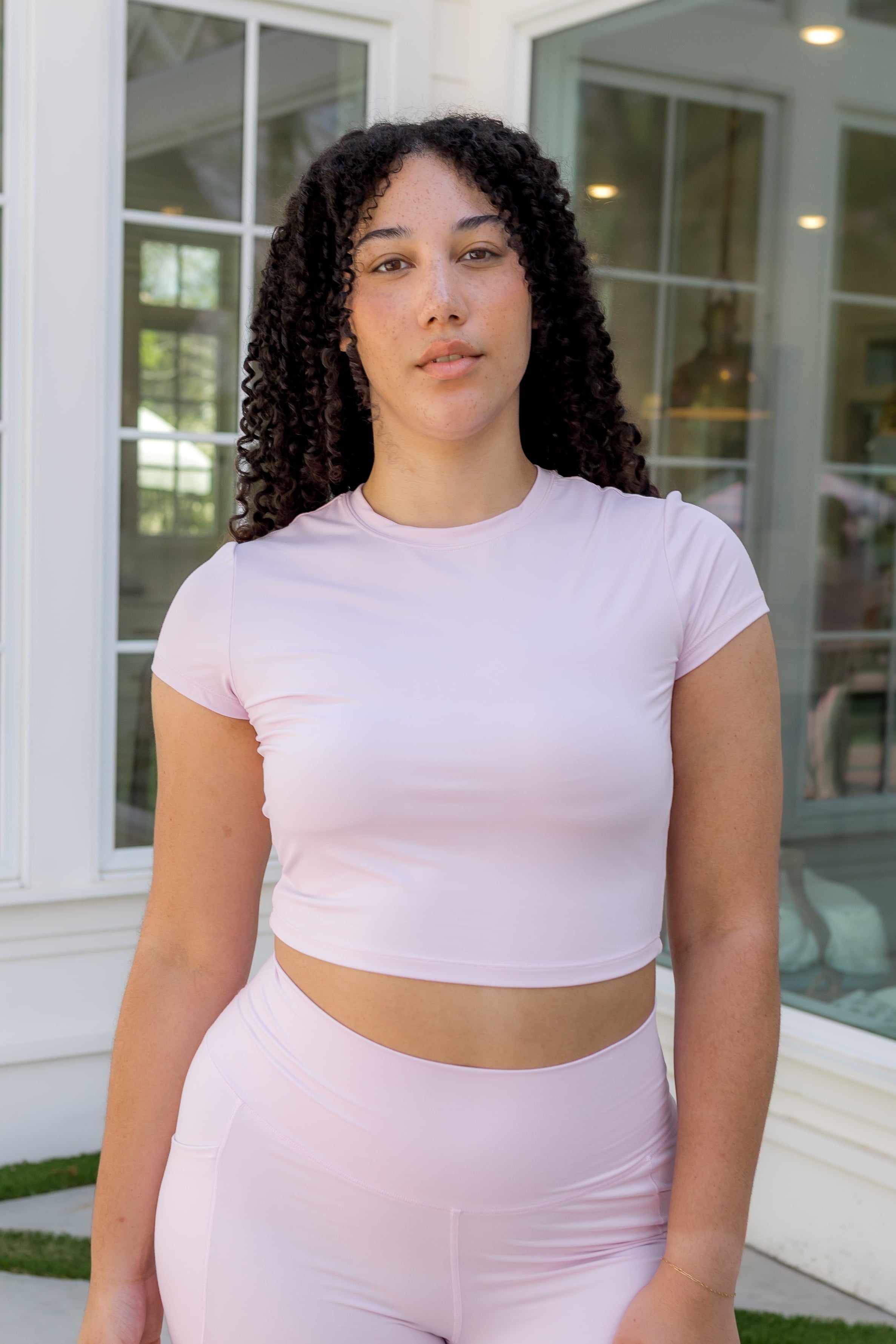 Female modeling the Bamboo Flex Baby Tee in Thistle paired with matching shorts

::: Model is 5'9" wearing size L ///
