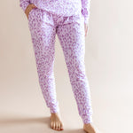 Women's Jogger pajama set pant in Thistle Leopard print on a beige background