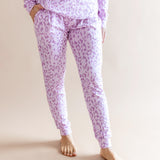 Women's Jogger pajama set pant in Thistle Leopard print on a beige background