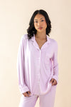 Woman modeling the Bamboo Long-Sleeved Women's Pajama Set in Thistle  ::: Model is 5'6" wearing size XS ///