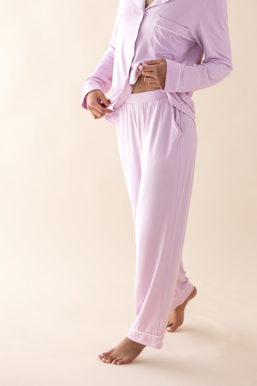 Close up of the bottoms from the Bamboo Long-Sleeved Women's Pajama Set in Thistle showcasing the waist band