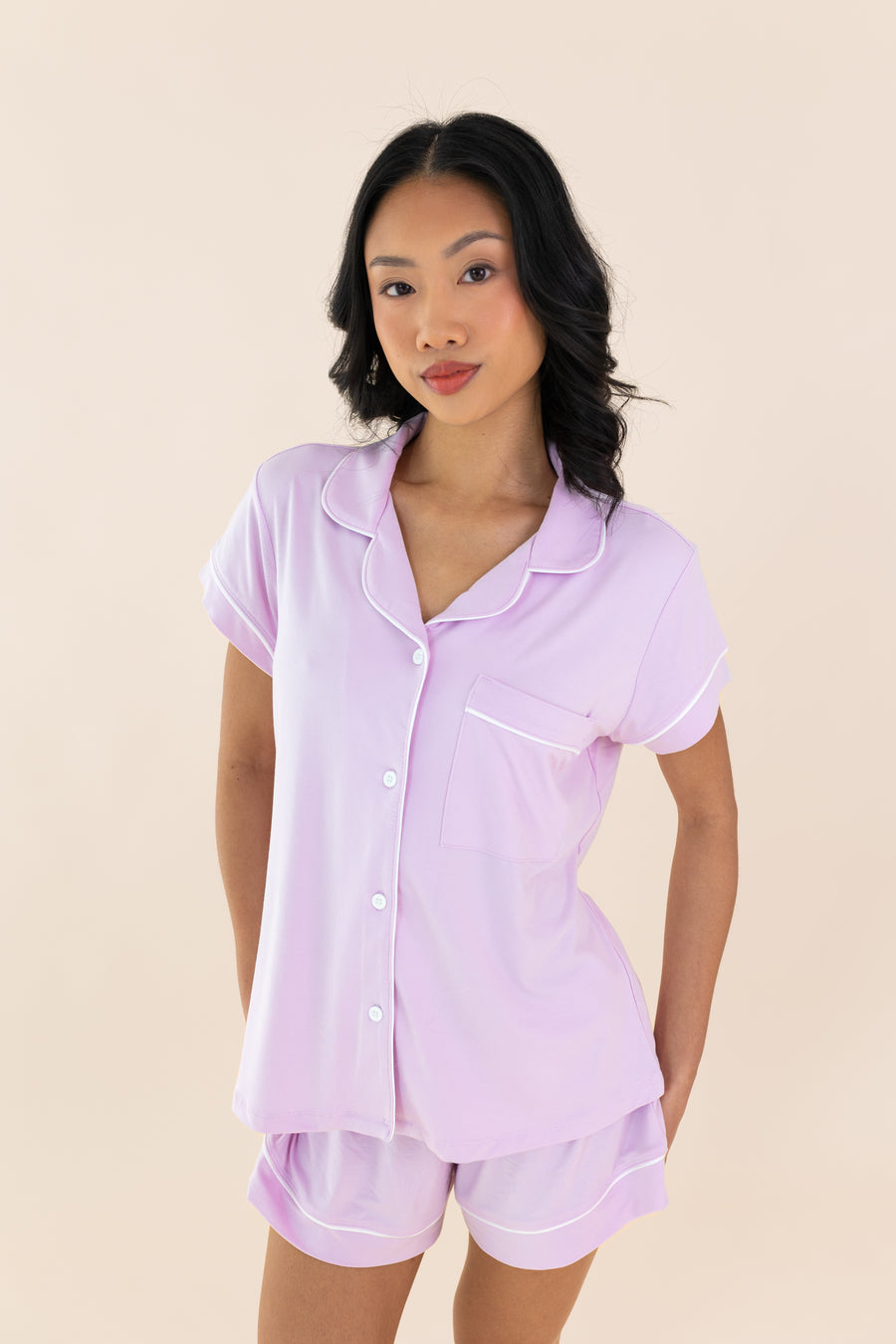 Close up of the model wearing the Bamboo Women's Short Sleeve Pajama Set in Thistle
