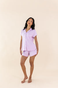Woman modeling the Bamboo Women's Short Sleeve Pajama Set in Thistle