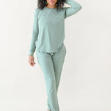 Woman modeling Women's Jogger Pajama Set in Thyme