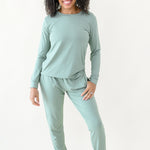 Woman modeling Women's Jogger Pajama Set in Thyme