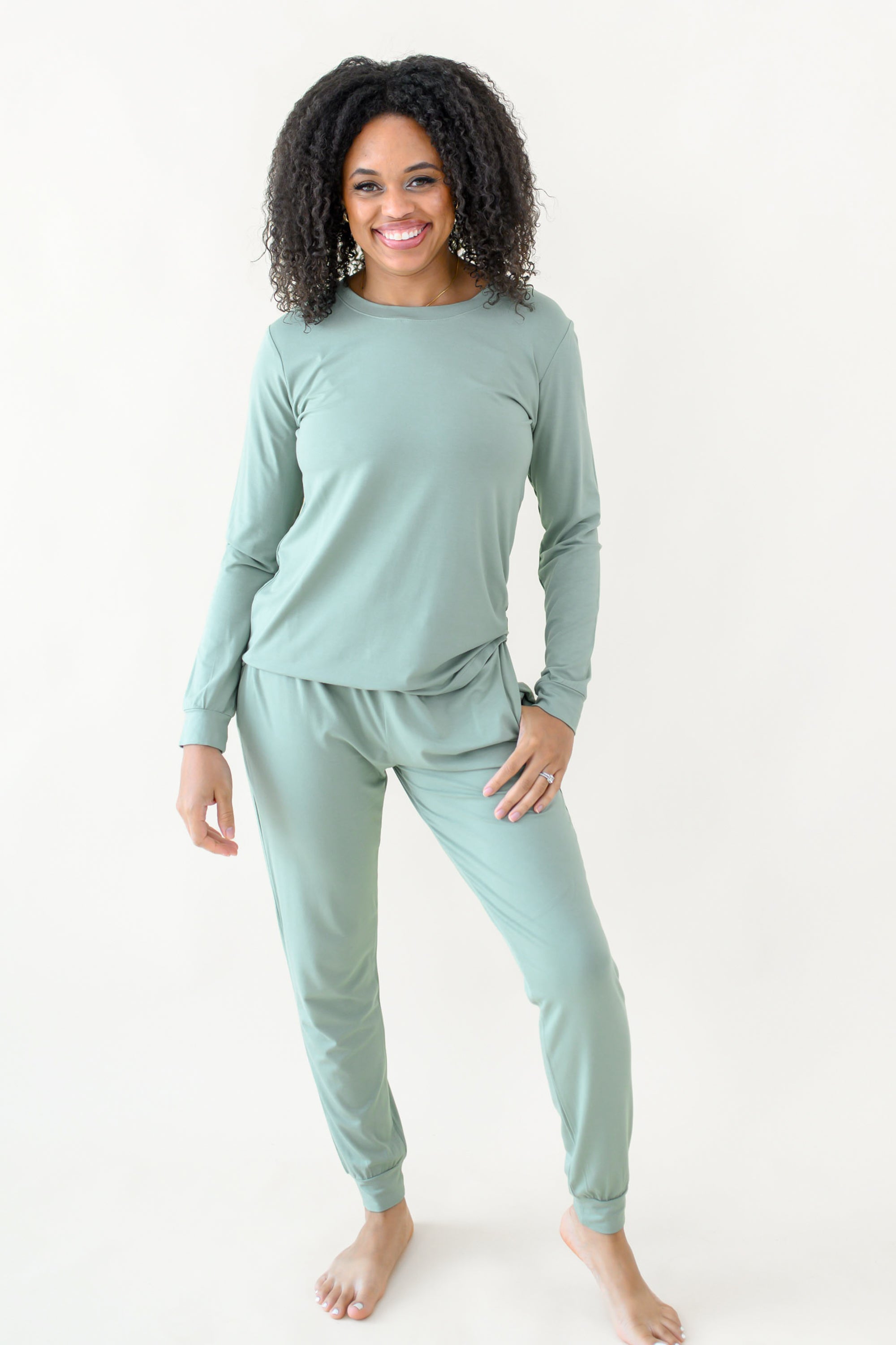 Woman modeling Women's Jogger Pajama Set in Thyme