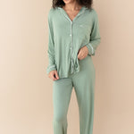 Female modeling Women's Long Sleeve Pajama Set in Thyme with Cloud Trim