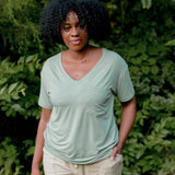 Model wearing the Women’s Relaxed Fit V-Neck in Thyme