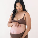 Woman modeling Women's High-Waisted Brief in Toffee and nursing bra